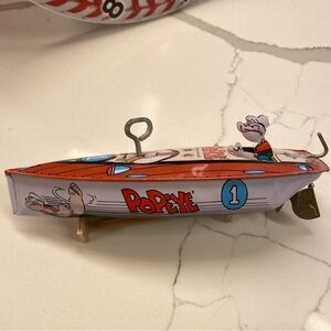 Popeye Tin Toy Boat Vintage with Original Stand Working Wind-Up Propellor